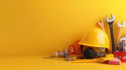 DIY tools including a hard hat, wrenches, and tape measure against a yellow background, symbolizing the comparison between DIY and professional services for design projects.