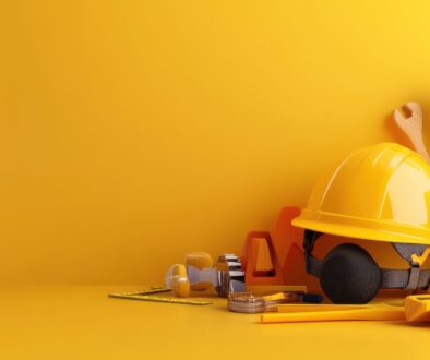 DIY tools including a hard hat, wrenches, and tape measure against a yellow background, symbolizing the comparison between DIY and professional services for design projects.