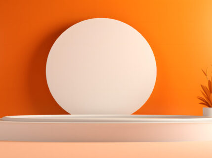 A simplistic orange scene featuring a white circular platform, suitable for product display Minimalist orange and white display platform with a circular backdrop and modern plant decor.
