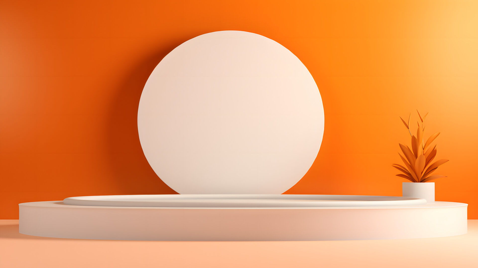 Minimalist orange and white display platform with a circular backdrop and modern plant decor.