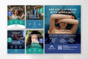 Marlena-Clark-Marketing-and-Design-Corrective-Care-Chiropractic Corrective Care Chiropractic print advertising and signage campaign for SLO Public Market, featuring designs focused on migraines, back pain, sleep, allergies, and children’s health.